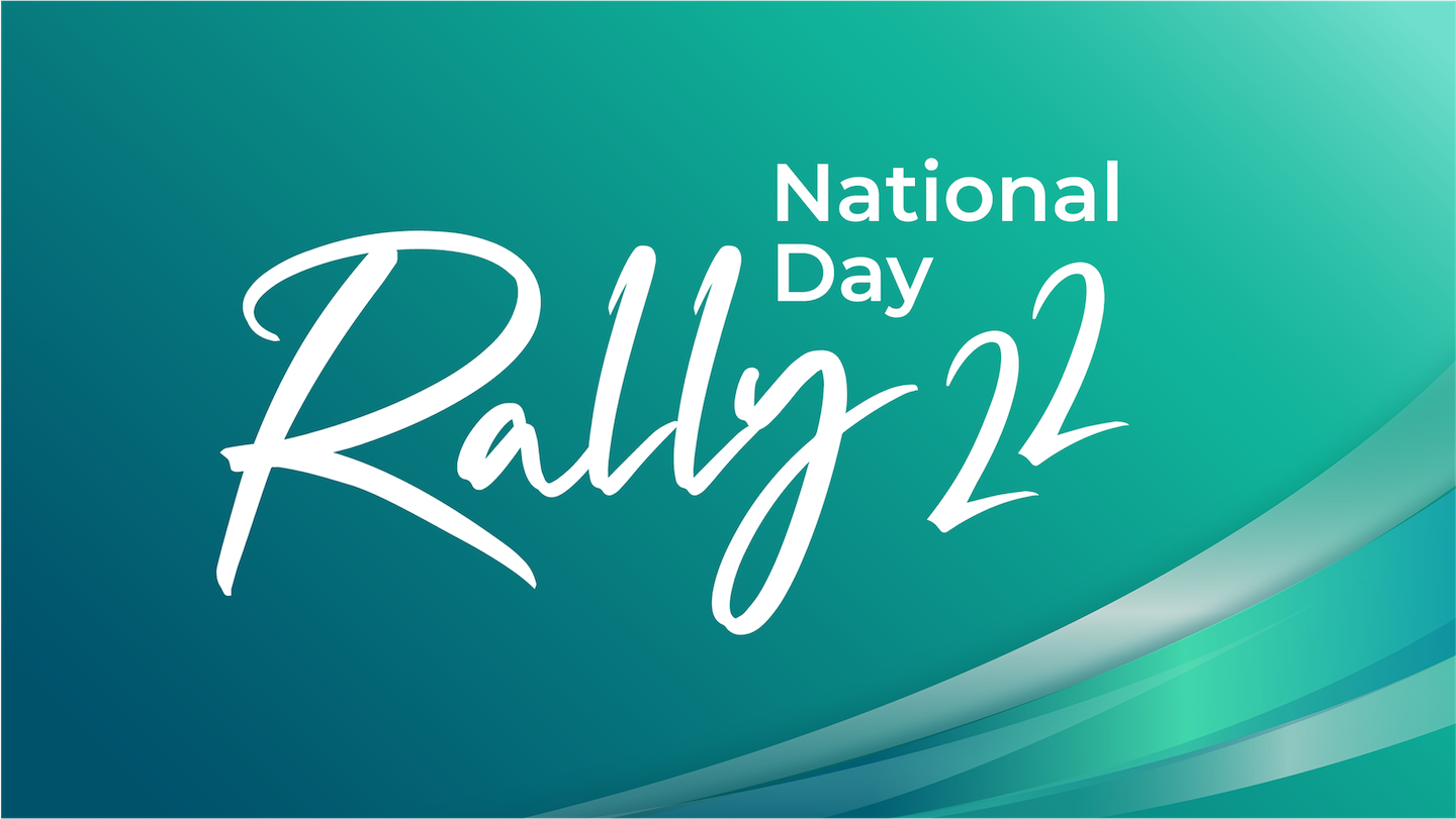 Text "National Rally Day 22" in white against a teal gradient with curved bands.